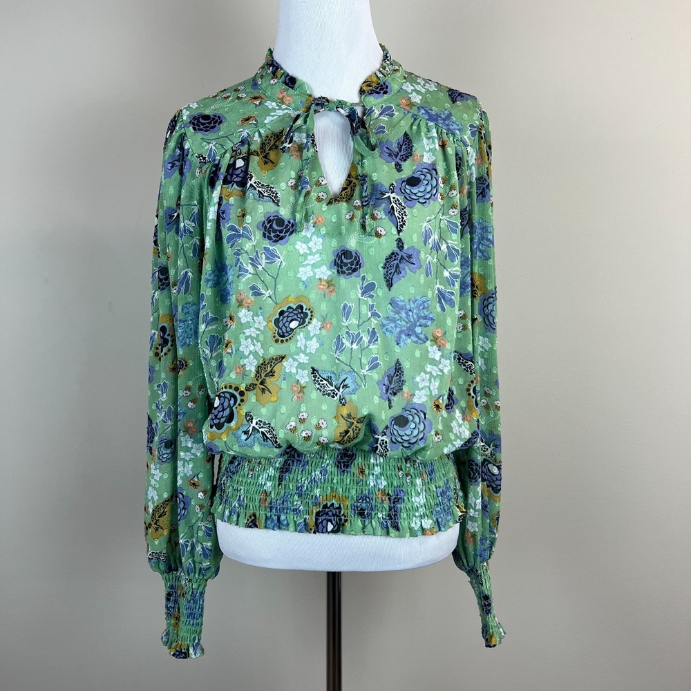 Rachel Zoe Blouse Top Small Green Floral Dot Smocked V-Neck Tie Neck Long Sleeve